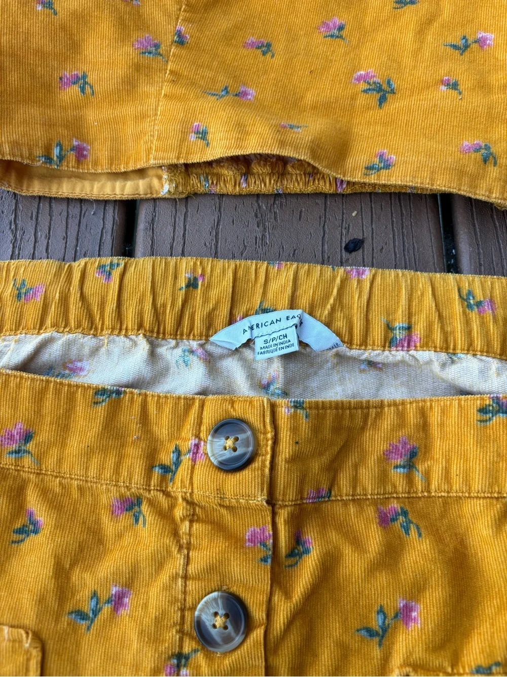 💐American Eagle Mustard Floral Corduroy Matching Set Crop Top Mini Skirt S Y2K